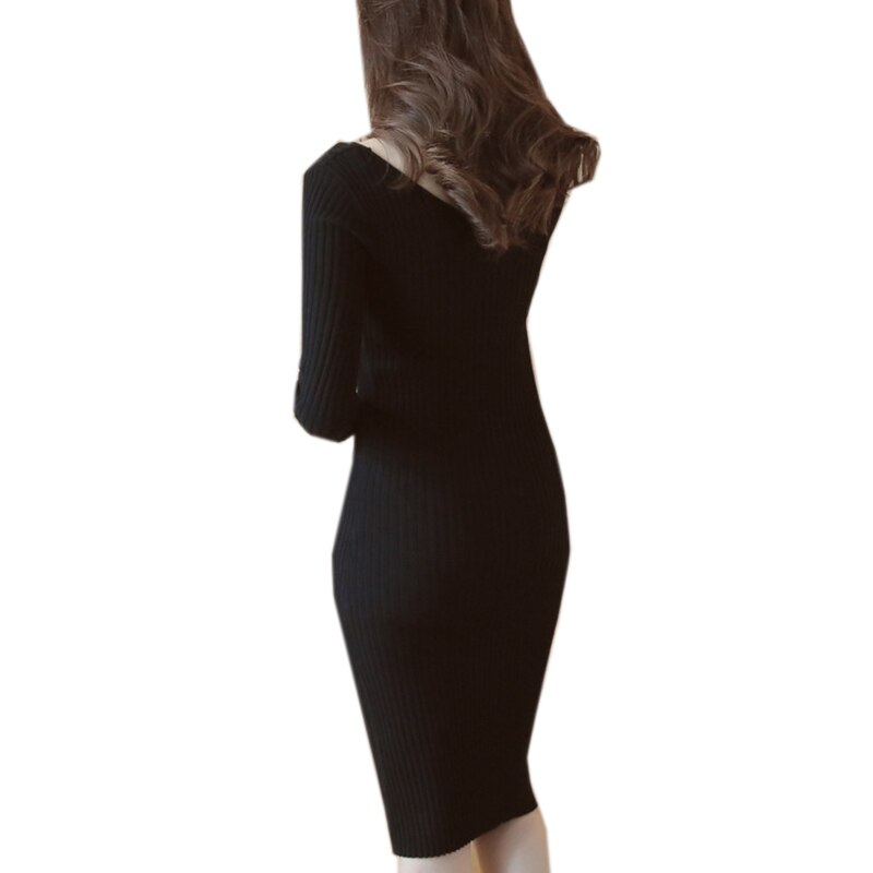 Trui Jurk Herfst Winter Vrouwen Sexy Bodycon Lange Gebreide Jurk Schede V-hals Dikke Warme Breien Jurken Vestidos SF420