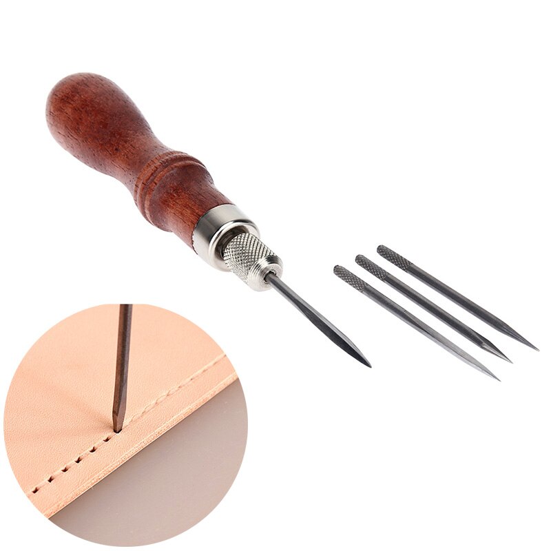 4 in 1 DIY Wood Handle Leather Stitching Awl for Leather Sewing Scratch Awl Tools Canvas Leathercraft Sewing Needle Kit