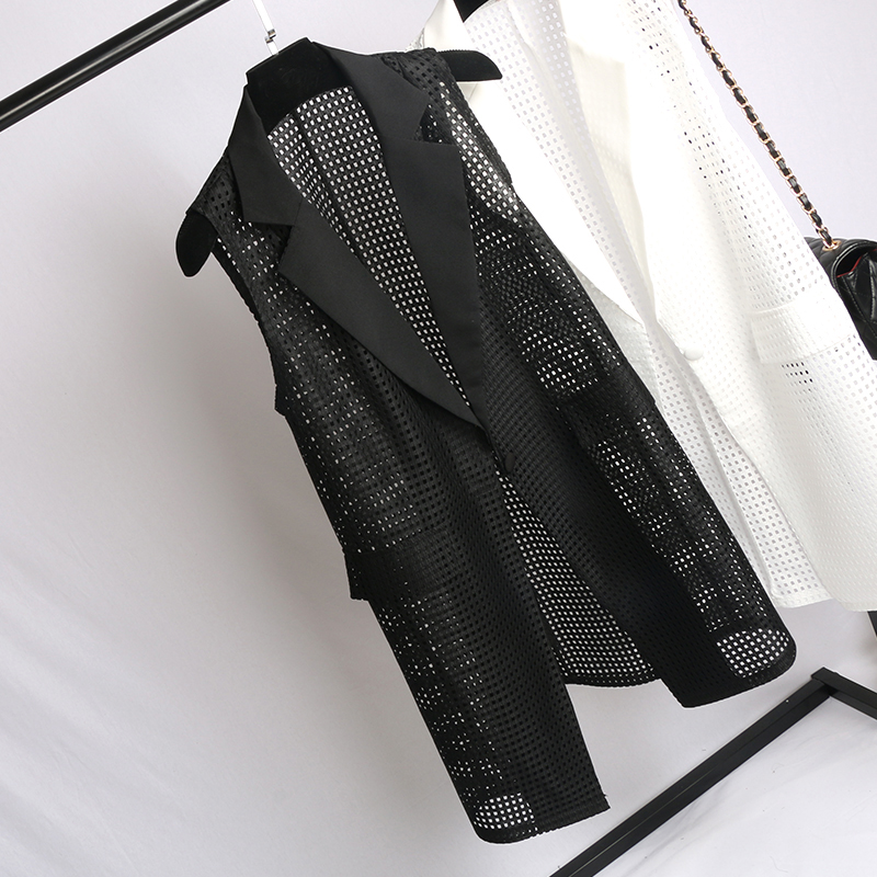 Lang vest kvinder sommer ærmeløse cardigan veste udhulet tyndt overtøj dame fritidstøj sort hvid m -3xl