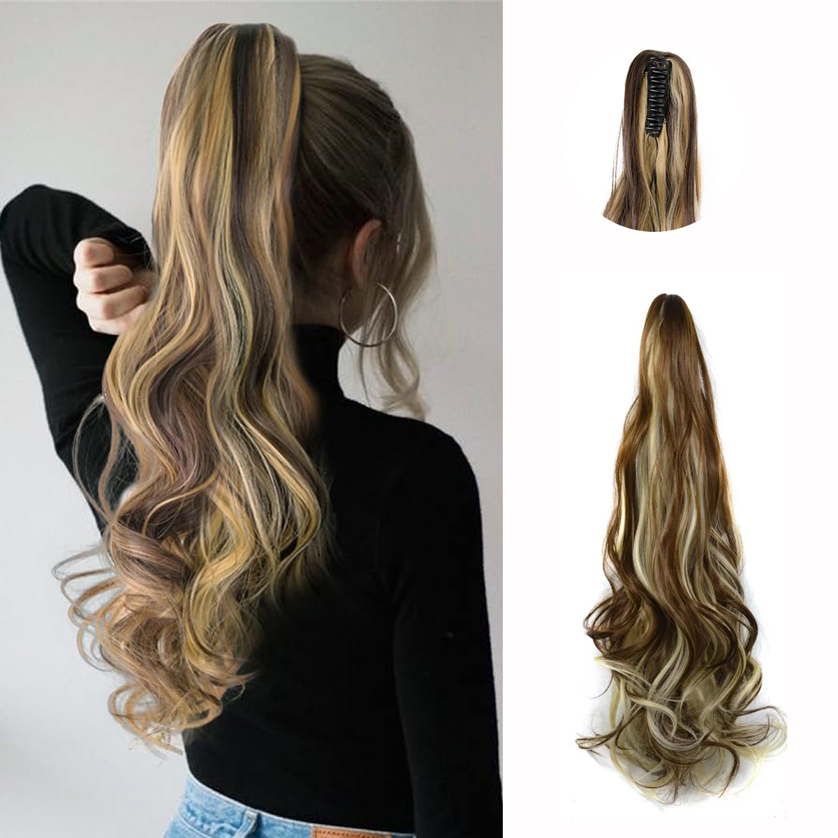24inch Synthetic Multicolor Horsetail Extensions Very Long And Fluffy Wavy Heat Resistant For Women Curling Pieces