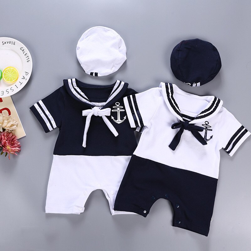 Infant Baby Summer Short Sleeve Rompers Clothes Baby Boy Sailor Suit with Navy Hat Sailor Collar Children Climbing Jumpsuit Sets