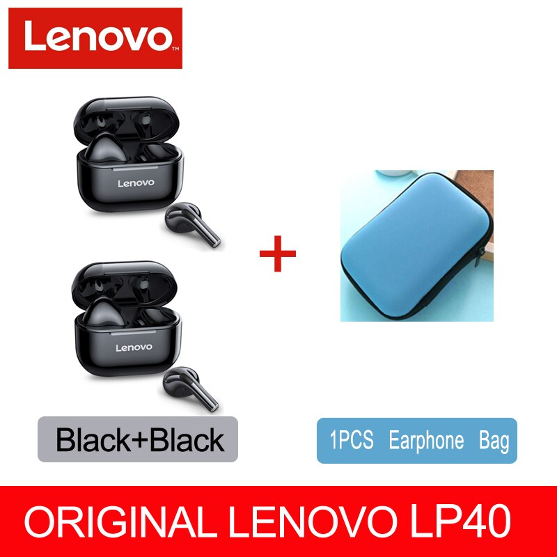 Lenovo LP40 Wireless Bluetooth Headphones V5.0 Touch Control Earphones Stereo HD Mic Talking with 300mAh Battery IPX5 Waterproof: LP40 2 Black 1 Case