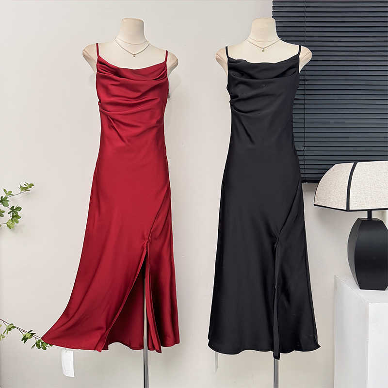 Kvinders stropkjole sommer pink satin split lone kjoler luksuriøse sexede festkjoler højtaljede slanke kjoler