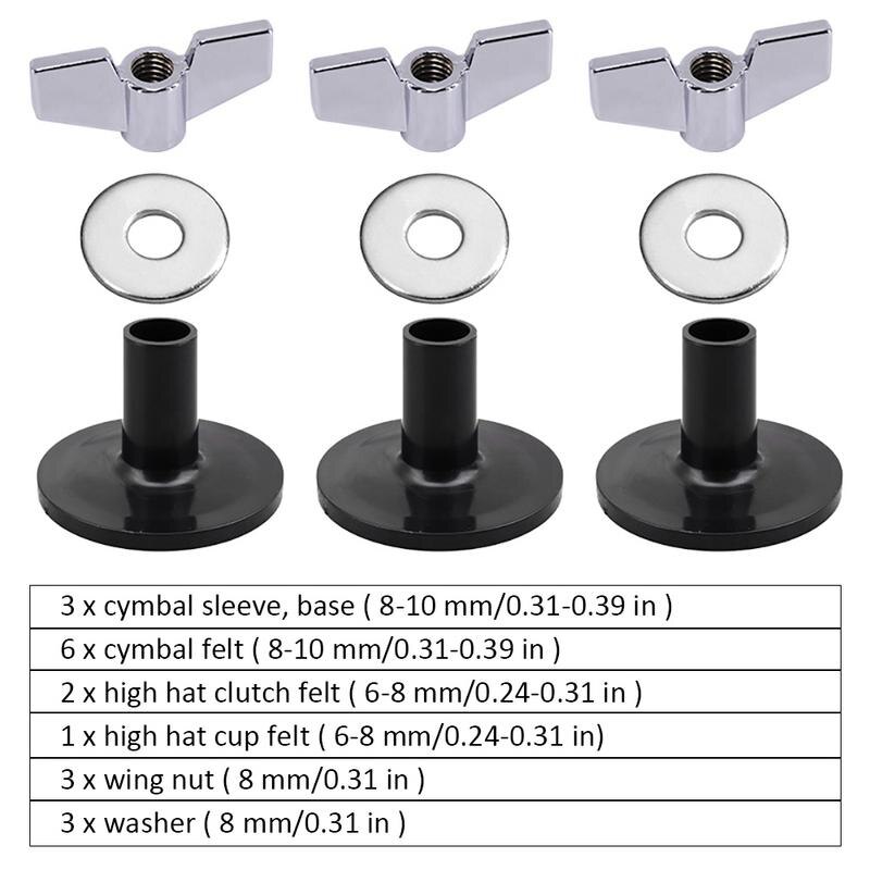 18 szt. Perkusja części zamienne robić talerzy akcesoria (3 szt. Talerze talerzowe + 3 szt. Nakrętki skrzydełkowe + 3 szt. Podkładki + 9 szt. Filcowe podkładki wełniane)