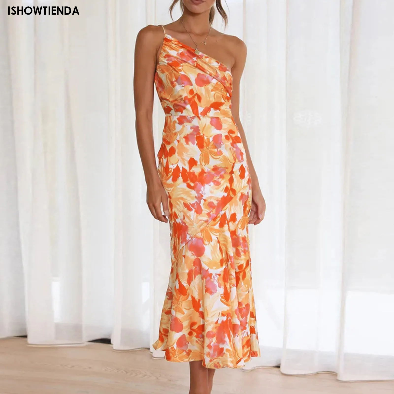 Stilvolles Fischschwanz kleid mit schrägem Hals riemen elegantes Kleid mit exquisiter Farbe und Blumenmuster