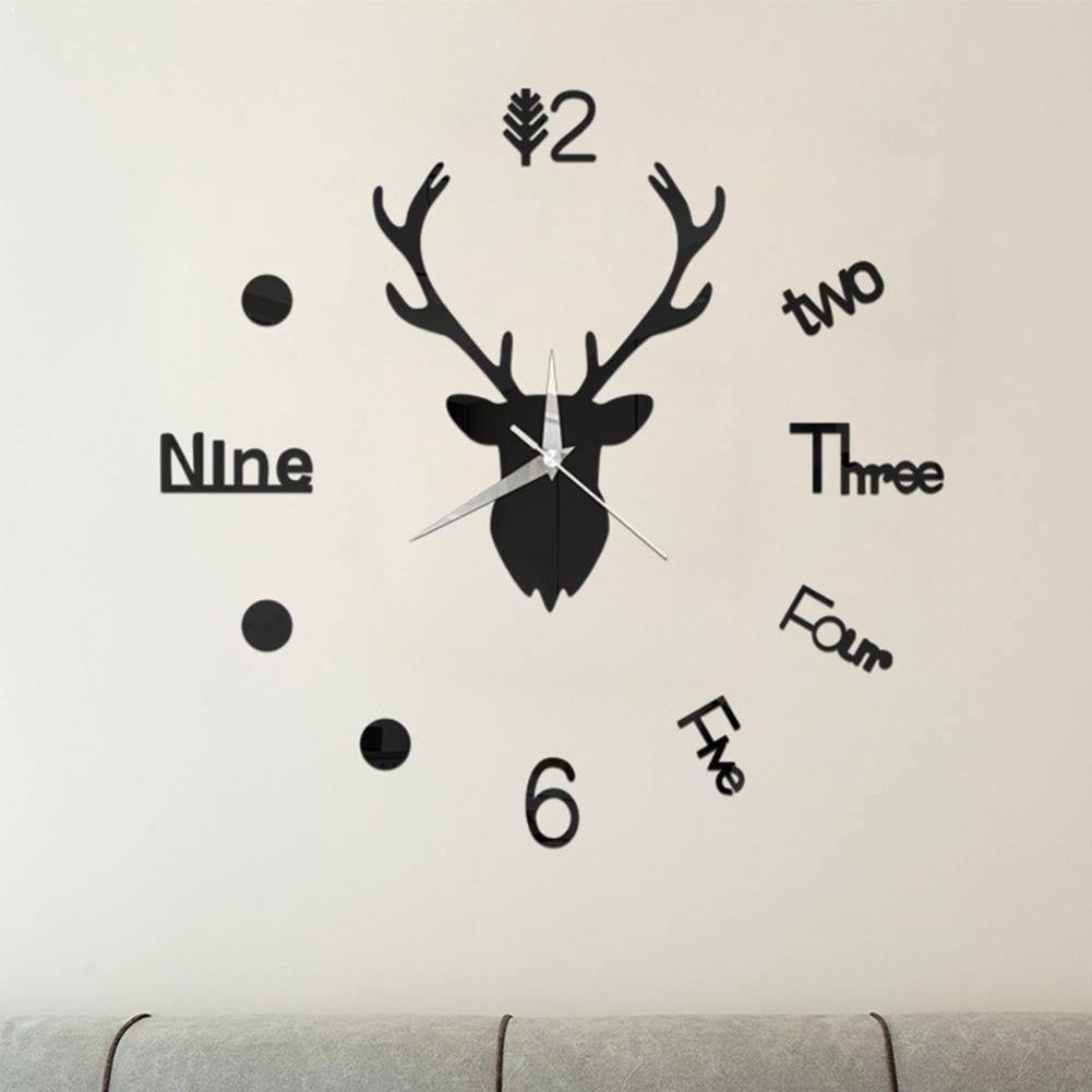 bricolage 3D horloge murale miroir Stickers muraux cerf grand mur vivant Quartz horloge tête chambre Art maison décor autocollant Q0H4