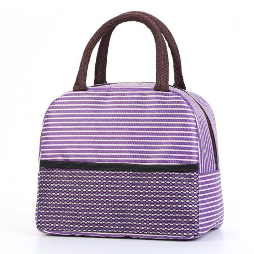 Fiambrera a rayas para mujeres, niños, hombres, bolso grande térmico, bolsas de almuerzo térmicas para alimentos, bolsas impermeables con asa para llevar loncheras: Purple 01