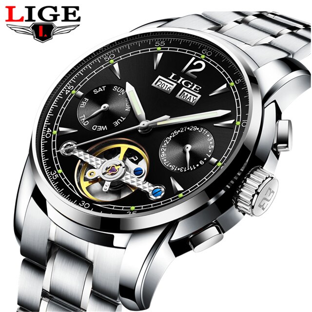 Männer Uhren Luxus oben LIGE Tourbillon Mechanische Sport Uhr Mens Geschäft Automatische Uhr Mann Relogio Masculino: Silber- Schwarz