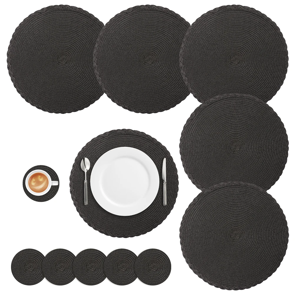 Set med 6 Runda Bordsunderlägg och Glasunderlägg Flätat Vävda Tvättbara Värmebeständiga Mats: Beige