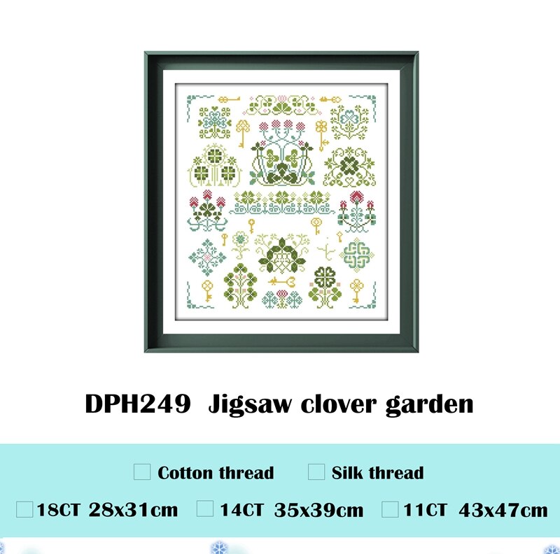 Kit de broderie de fil de coton pour débutants, trèfle de scie sauteuse, point de croix de jardin, dessin animé, 18ct, 14ct, 11ct, tissu blanc, bricolage: WHITE / Silk thread / 14ct unprint canvas