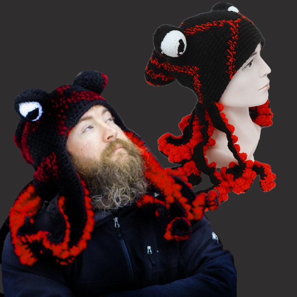 Knit Octopus Hats Beard Hand Weave Wool Christmas Cosplay Party Funny Tricky Headwear Warm Winter Men Hat Bonnet