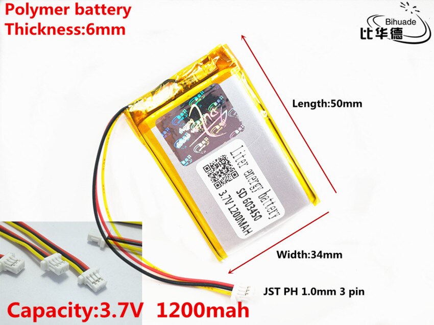 Jst  ph 1.0mm 3 -pin-liter-energieakku 3.7v,1200 mah 603450 polymer-lithium-ionen-/li-ionen-akku für tablet-pc, powerbank, gps ,mp3,mp4