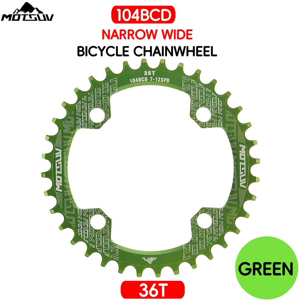 Manivela redonda para bicicleta, rueda de cadena angosta y ancha de placa única con forma redonda MTB 104BCD, 32T/34T/36T/38T: Green Round 36T