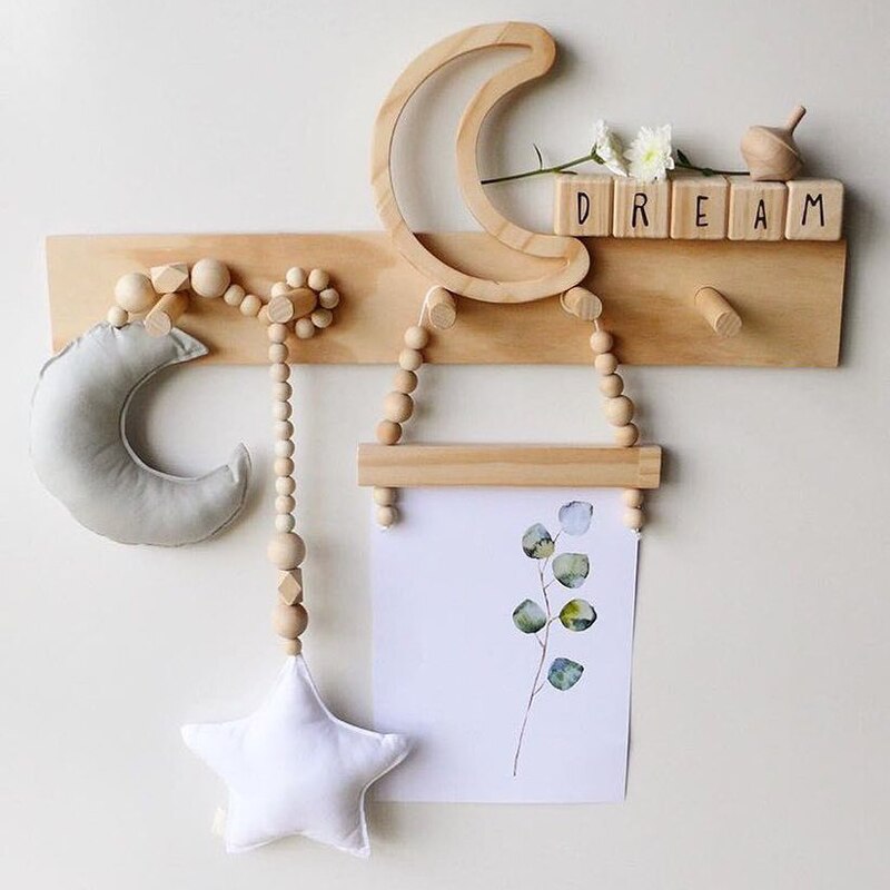 Lovely Wooden Beads Cotton Star Moon Heart Shaped Wall Decoration Ornaments for Kids Baby Bedroom Home Nursery Decor