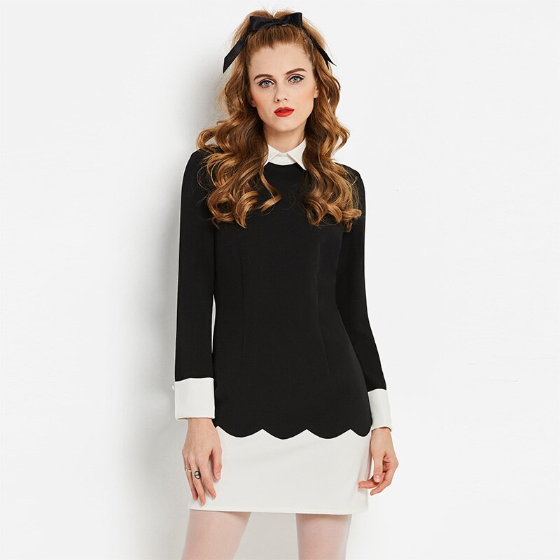 Sisjuly vintage 60s kleid herbst schwarz weiß drehen-unten kragen knie länge eine linie kurze weibliche lange hülse vintage kleid: L