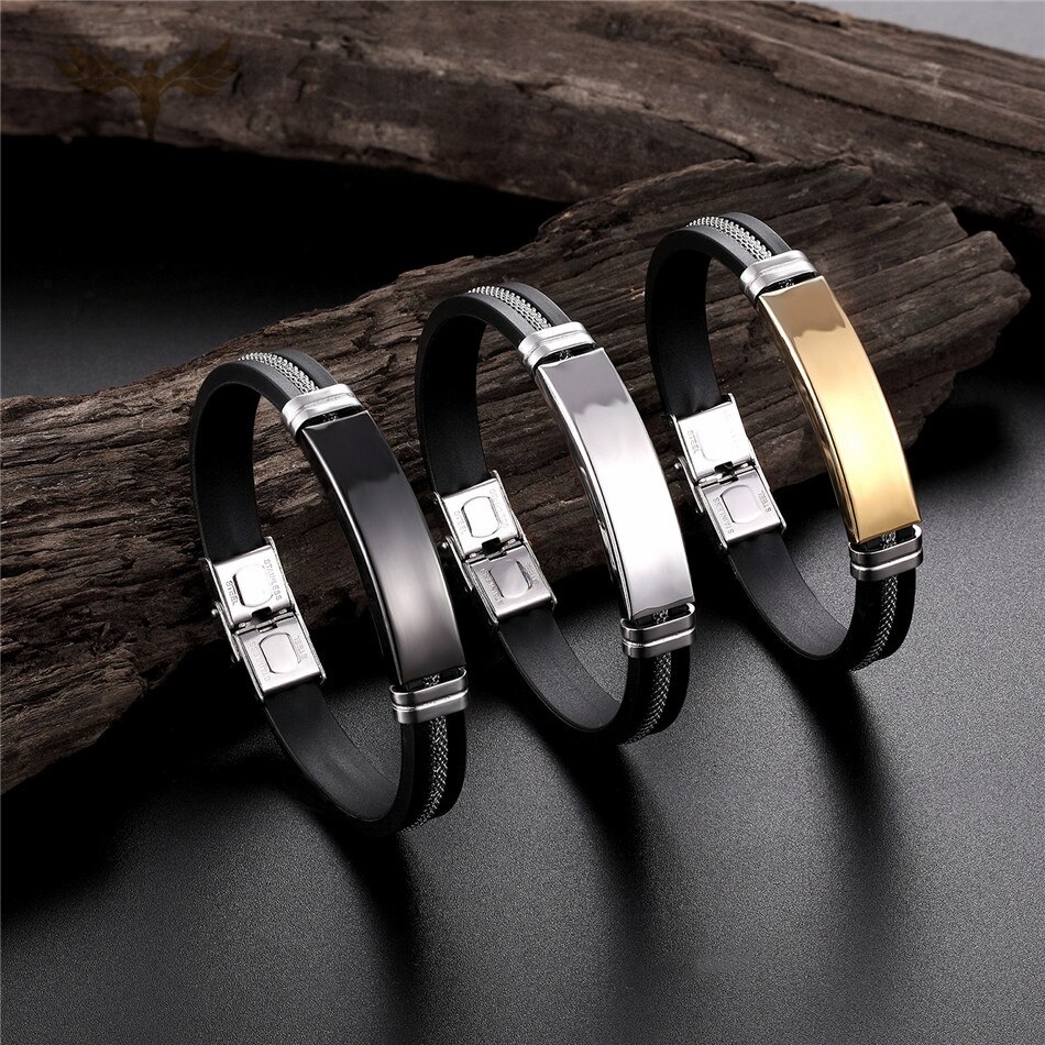 Nova Moda Homens de Aço Inoxidável Pulseira Do Punk preto de Borracha de Silicone Pulseiras Pulseiras com Cadeia pulseras hombre caucho
