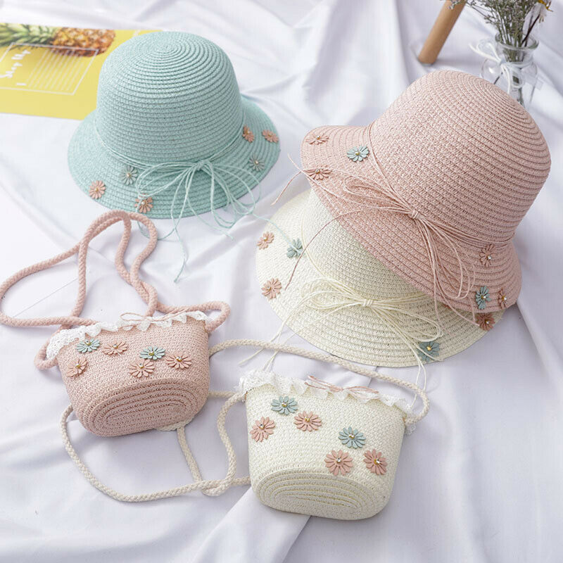 Girls Kids Beach Breathable Cap Straw Sun Hat+Cute Flower Straw Shoulder Handbag Bag Set Summer