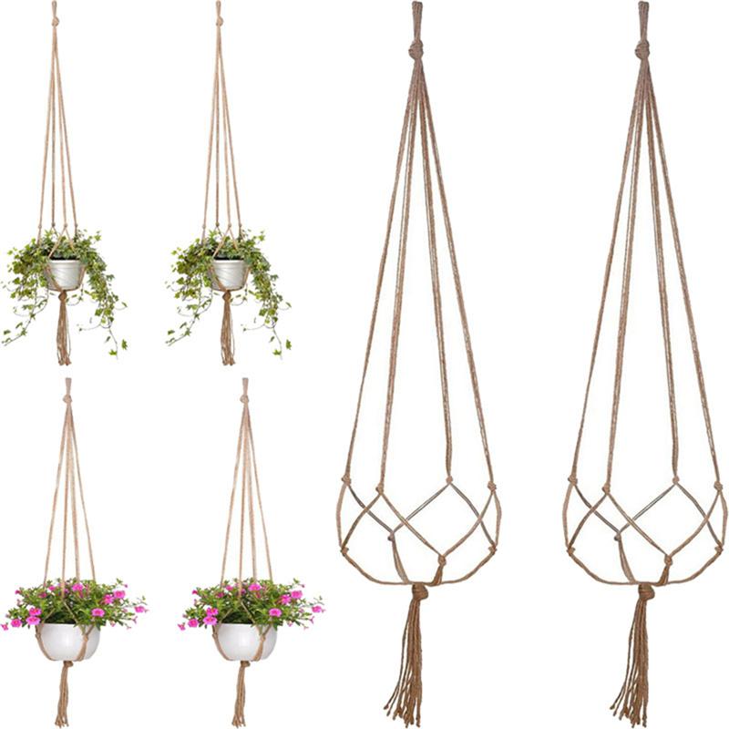 2 st 1.05m makrame jute blomhängare växt hängande korg för takdäck balkong runda och fyrkantiga krukor för väggträdgård