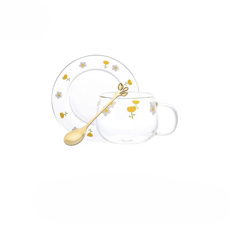 Japansk genomskinlig blomma glas mjölkkopp med sked och fat set kaffe frukost mugg dessert tallrik söt enkel tekopp: B 3 st