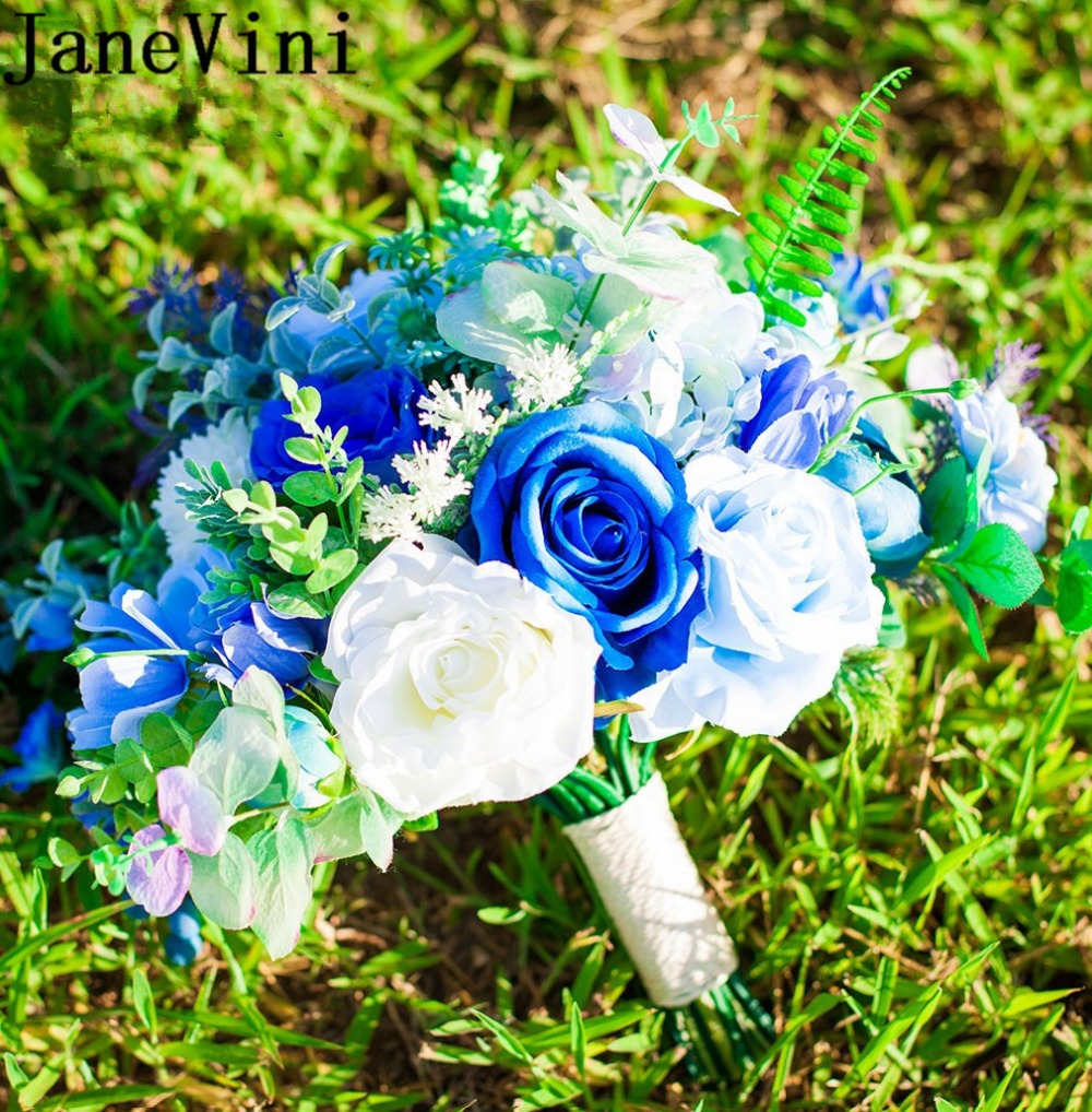 JaneVini Royal Blue Bride Bouquet Artificial Rose Wedding Flowers Bridal Bouquets Bridesmaid Photography Brooch Flores Boda