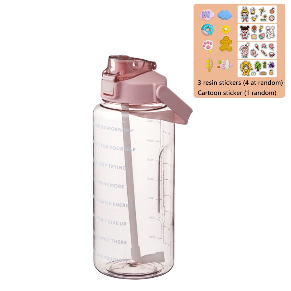 2L Große Kapazität Wasser Flasche mit prallen Kappe Timeline Erinnerung draussen Sport und Fitness Dicht Peeling Tasse mit aufkleber: 3DSticker  Rosa