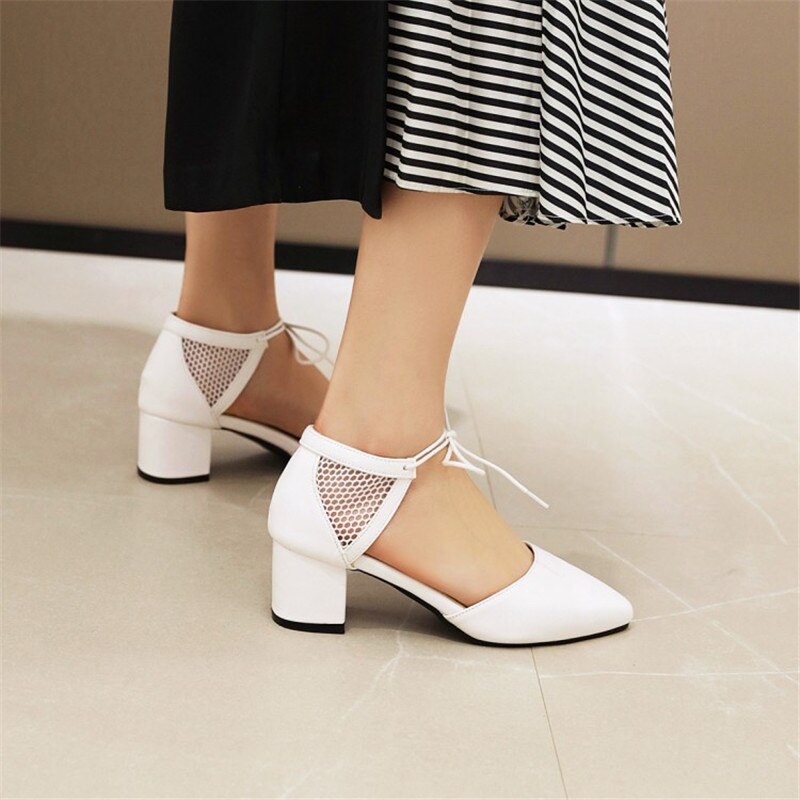 PXELENA Rome Cross Strap Gladiator Sandals Lady Chunky Med Heels Women Summer Shoes White Black Mesh Office Lady Daily Plus Size