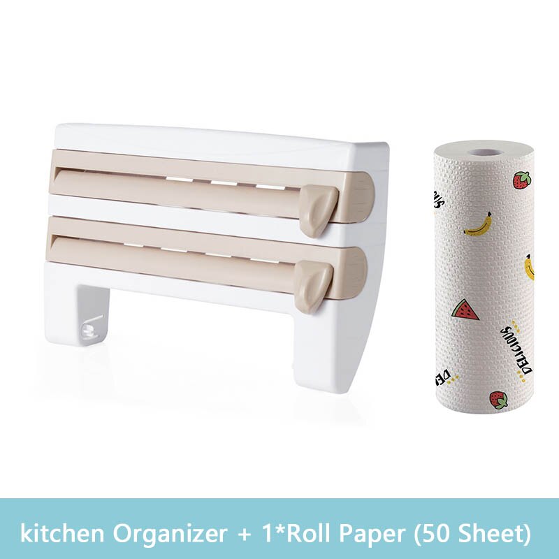 Organizer for Kitchen 4 in1 Wall-Mount Paper Towel Holder Sauce Bottle Storage Film Cutter Tin Foil Rack Kitchen Organization: Khaki-Roll paperper