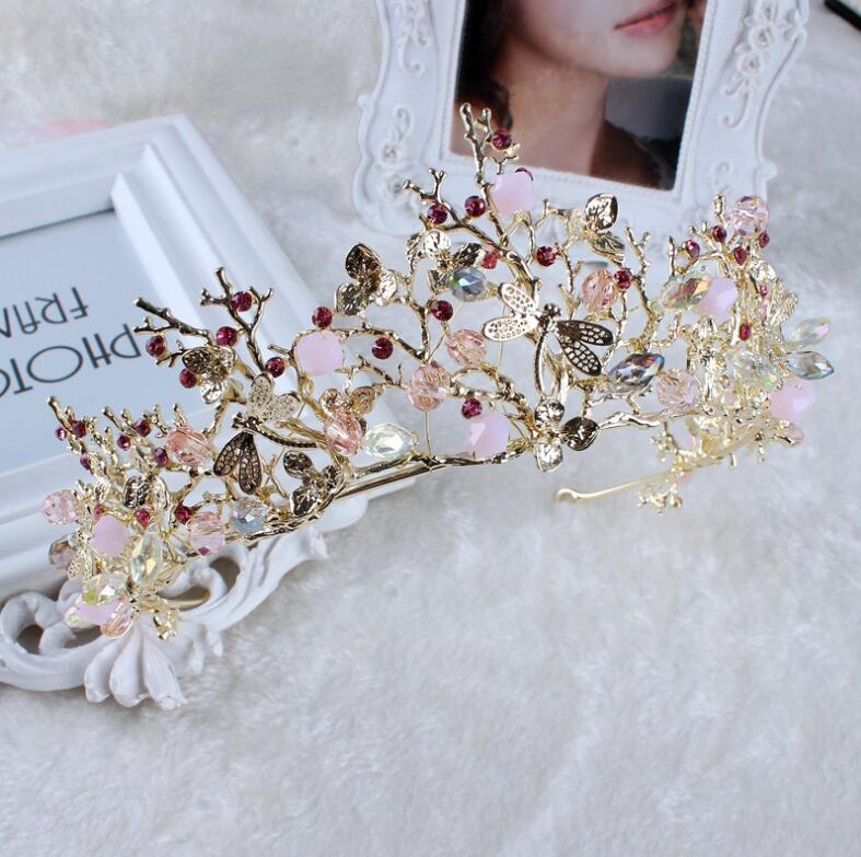 Vintage Gold Tiara Hoofdband Barokke Crown Crystal Pearl Tiaras Kronen Haarband Bruiloft Haar Sieraden Bruids Accessoires: Dragonfly Pink