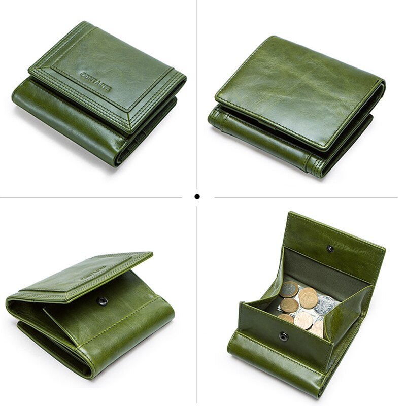 Contact's Women Wallets Genuine Leather Trifold Ladies Rfid Card Holder Wallet Coin Pocket Girls Coin Purse Green Portfel