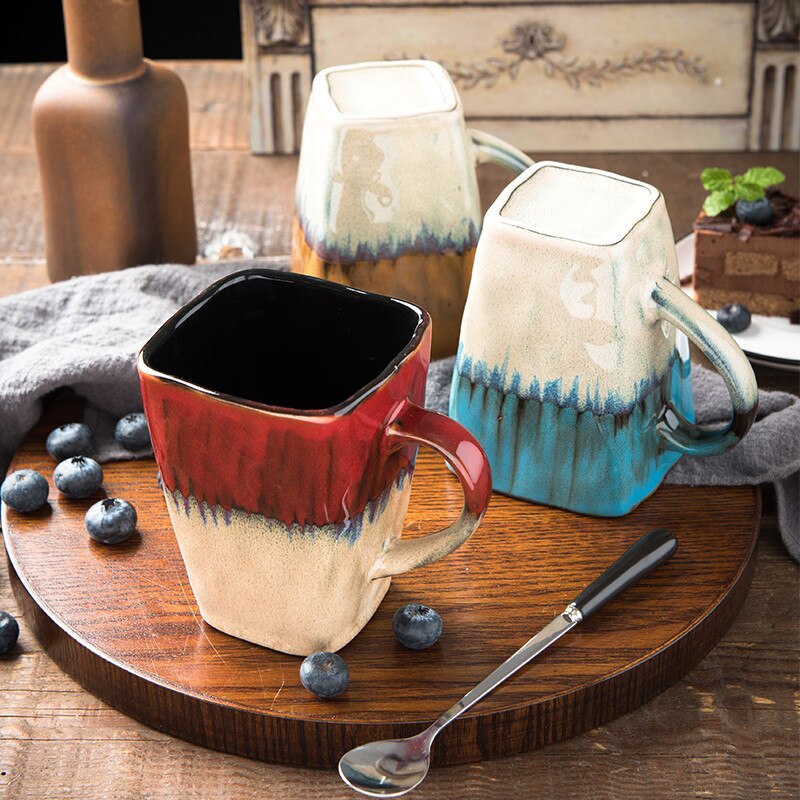 Flow Glaze Square Coffee Mug With Spoon and Lid Retro Tea Cup Simple Household Matte Color Ceramic Milk Water Cup