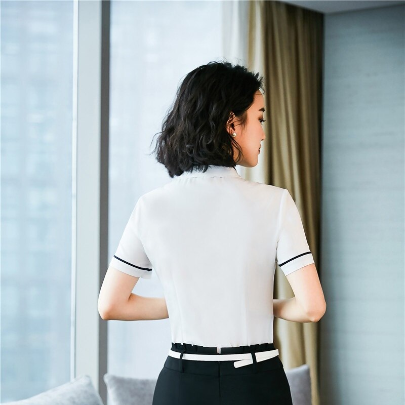 Summer Formal Women Blouses & Shirts Gray With Tie Short Sleeve Ladies Office Uniform Styles Blouse Female Clothes