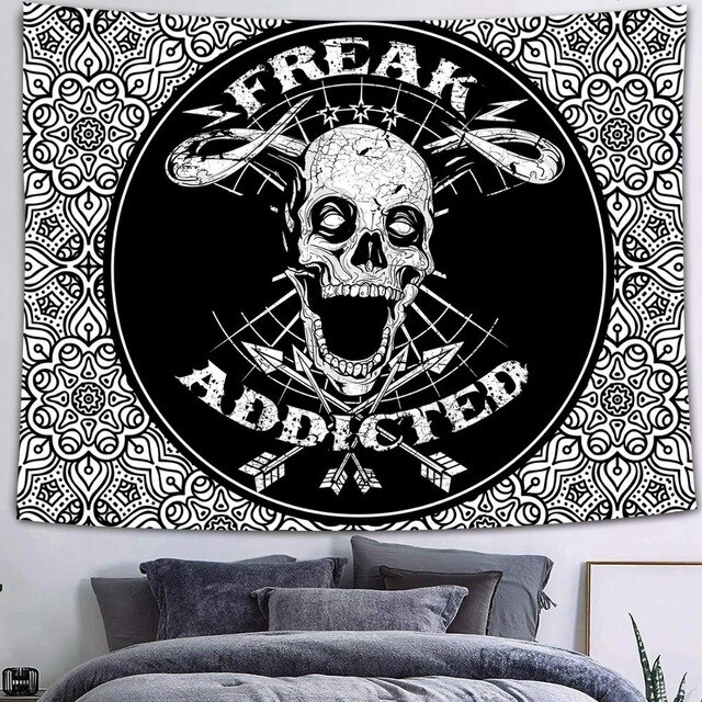Tapiz gótico de Calavera, Luna, estrellas, cielo estrellado, montaña, negro y blanco, constelación romántica, tapiz para colgar en la pared, decoración estampada: 5