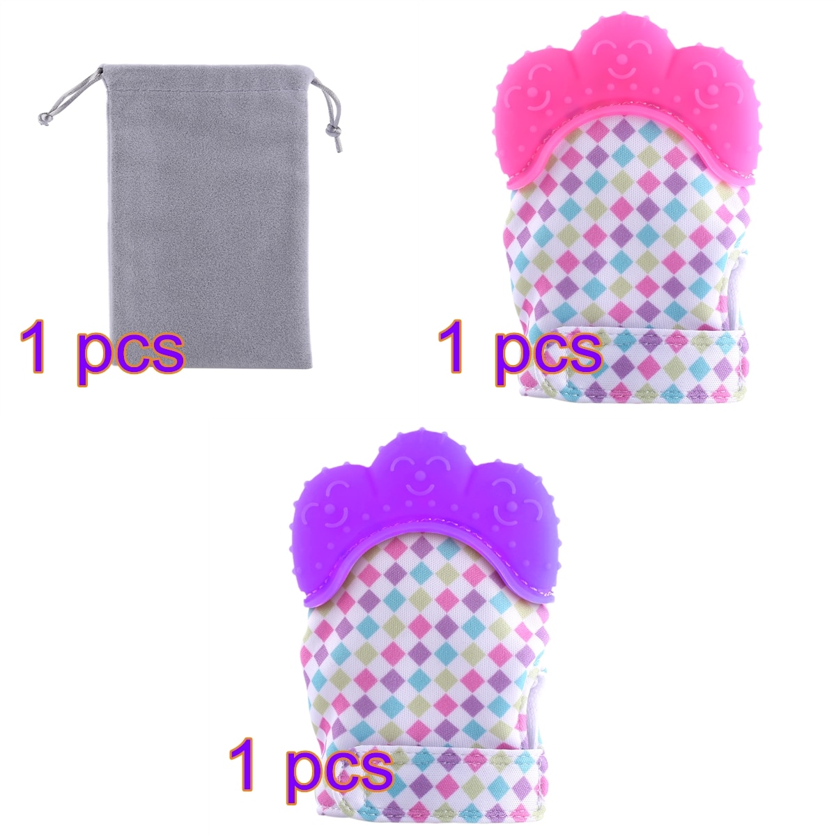 2 stks Baby Bijtringen Silicone Tandjes Mitten Peuter Self-Rustgevende Bijtring Gum Pijn Relife Beschermende Handschoen Voor Baby: Pink Purple