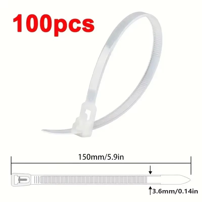 100 Reusable Cable Ties, Cable Lock Loop Nylon Ties Removable, Recyclable, Mixed Colours, Black, White: WHITE