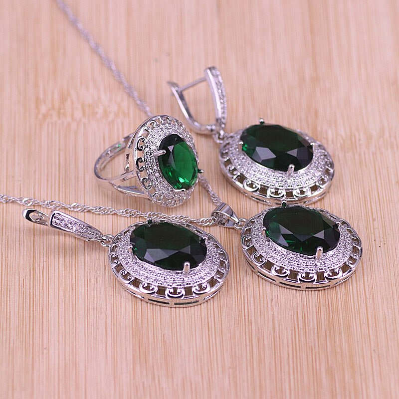 Big White Crystal &Zircon Silver Color Jewelry Earrings Ring With Necklace Set Middle East Style: green