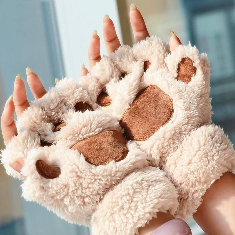 Gants de dessin animé chat fille, mitaine épaisse peluche ours patte demi-doigt G22