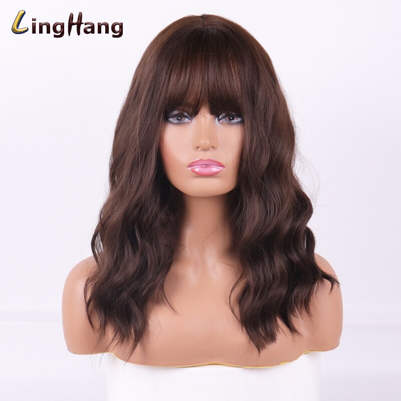 LINGHANG, pelucas de Rubia larga con flequillo, pelucas onduladas sintéticas resistentes al calor para mujeres, pelos de Afro-Americana