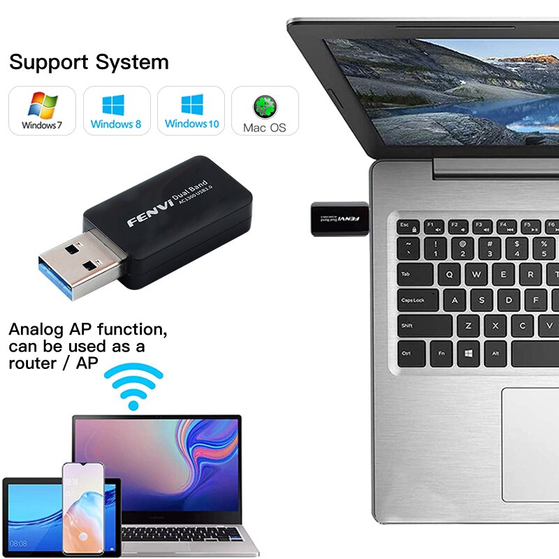 Adaptador wi-fi, sem fio, 1300mbps, usb, 2.4 ghz, 5ghz, dongle dual band 802.11n/g/b/ac, mini receptor para laptop