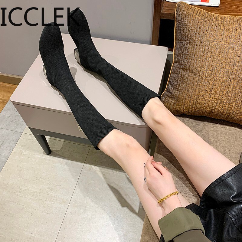 Chaussettes cuissardes tricotées bottes cuissardes femme talon carré tissu Stretch noir bottes hautes talon moyen bottes d'hiver