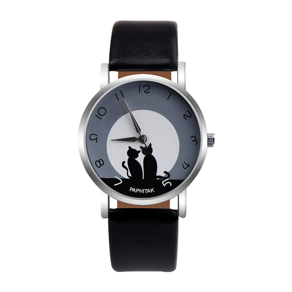 Womens Leuke Kat Faux Leather Analoge Quartz Horloge Vrouwelijke Horloge Voor Klok Moderne Mode Zwart Quartz Horloge
