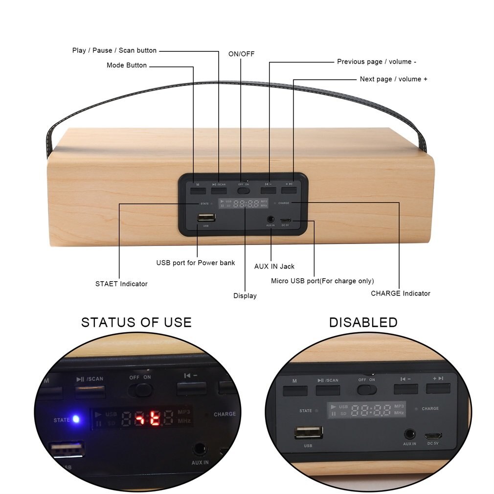Houten Speaker Fm Radio MP3 Speler Aux Draagbare Draadloze 4000Mah Oplaadbare Batterij Voor Smartphone Tablet Computer