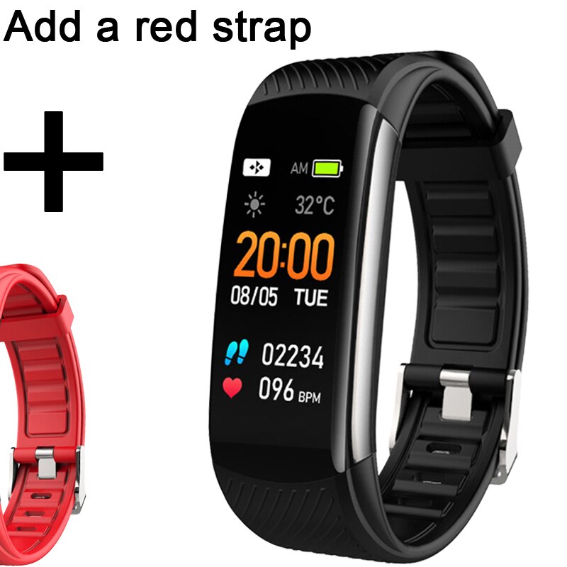 C6S Smart Fitness Bracelet Men Women Heart Rate Monitor Smart Band Fitness Tracker Watch WhatsApp Reminder Smart Bracelet Watch: Add red strap