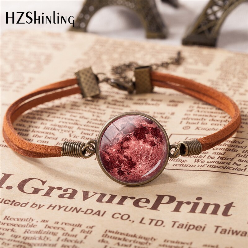 Pulsera de cuero de luna llena para mujer, pulsera de cúpula de vidrio hecha a mano, luna Lunar Eclipse, de joyería para mujer