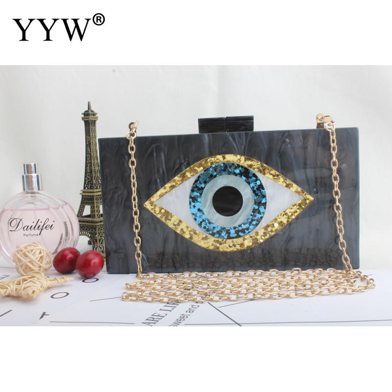 Clutch-tassen met ogenpatroon voor vrouwen, schoudertassen van acryl, casual ketting-crossbodytas, tas met harde ondergrond: Zwart