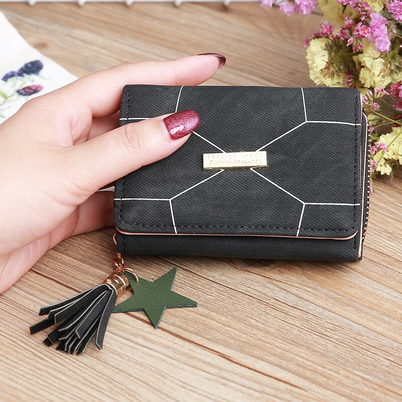 Women's short wallet PU leather female plaid wallet tassel card holder wallet woman small zipper wallet coin purse