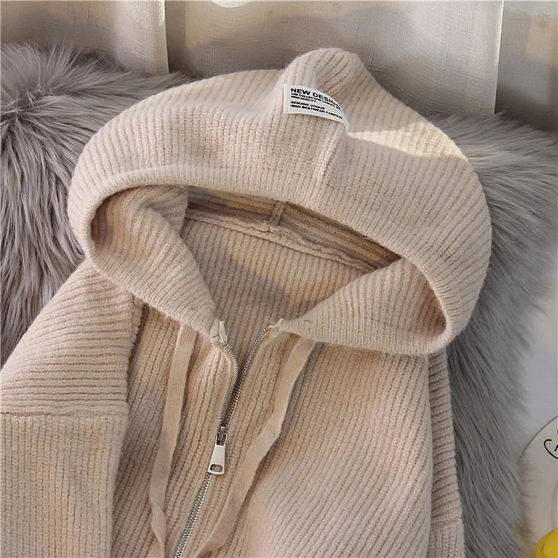 2025 primavera nova moda temperamento grosso cor sólida com capuz malha cardigan casaco com zíper camisola feminina solta topo grosso roupas femininas