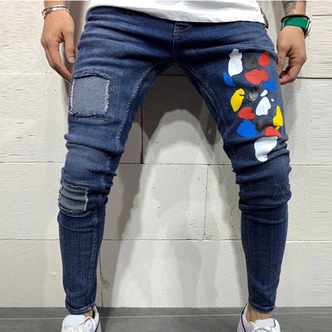 HEFLASHOR hommes déchiré jean coupe ajustée Denim pantalon motard Hip Hop jean trou scotché coloré point imprimé maigre en détresse Denim pantalon