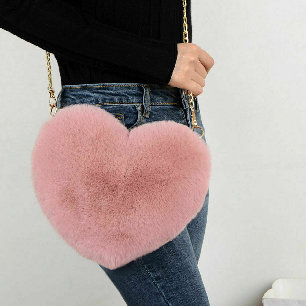 Vrouwen Mode Hartvormige Pluche Liefde Ketting Zak Vrouwelijke Messenger Purse Schouder Crossbody Portemonnee Valentijnsdag: Roze