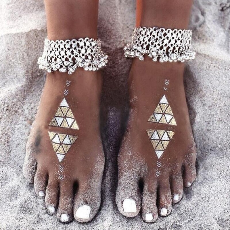 Pulseira de tornozelo feminina boêmia, bracelete prateado descalço, joia para pé tornozelo étnico estilo praia
