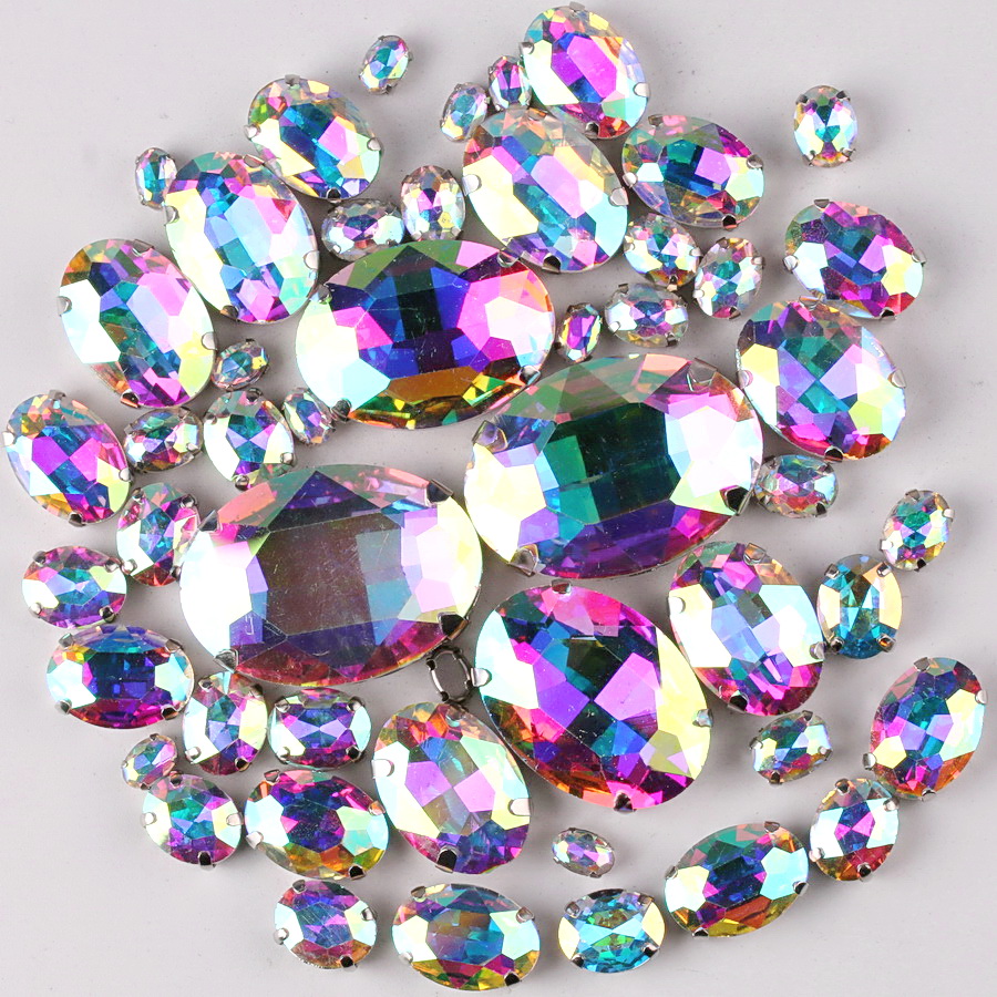 Silver claw setting Oval shape 7 sizes mix 50pcs/bag glass crystal sew on rhinestone beads wedding dress shoes bags diy trim